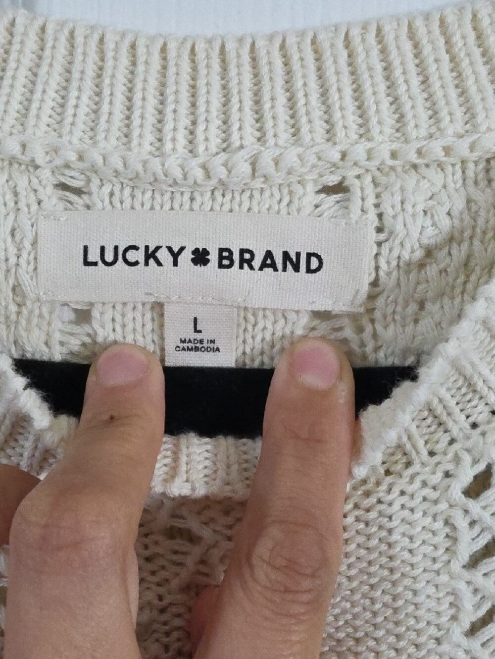 Lucky Brand Cream Open-Knit Crewneck Short Sleeve Sweater - Picture 2 of 3